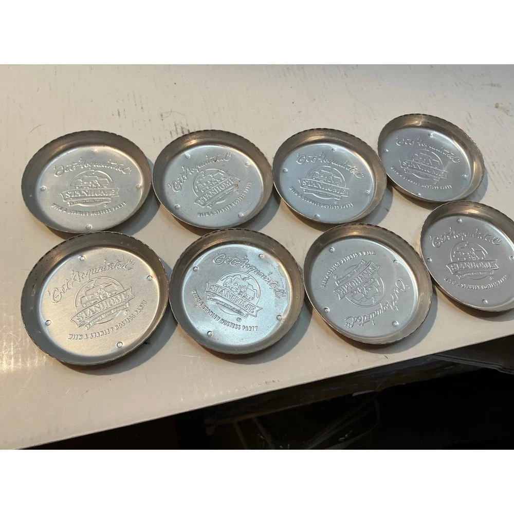 Stanhome Vintage Aluminum Coasters Get Acquainted Stanley Hostess Party Set of 8